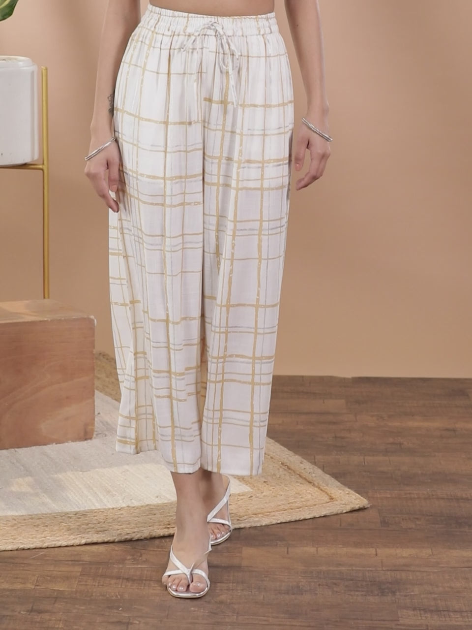  Cream Checkered Cotton Palazzos 