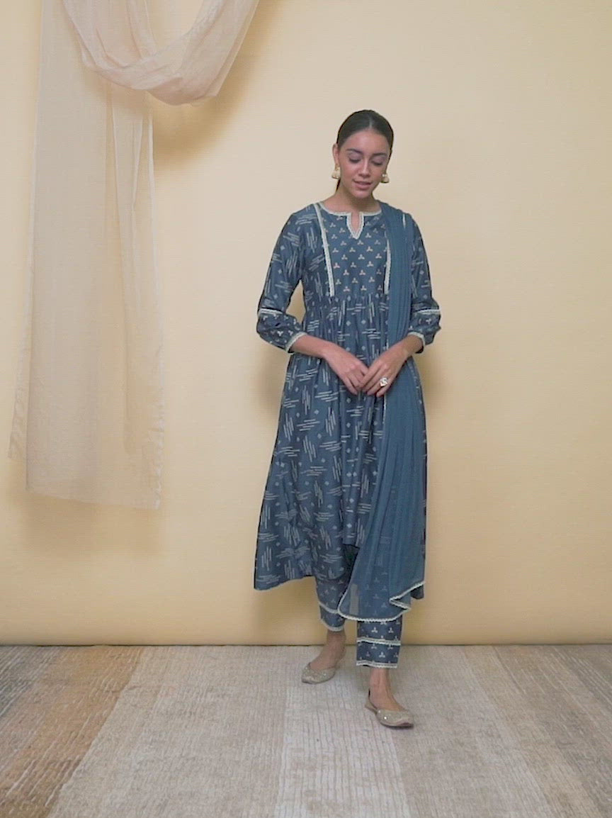 Blue Printed Silk A-Line Kurta With Dupatta