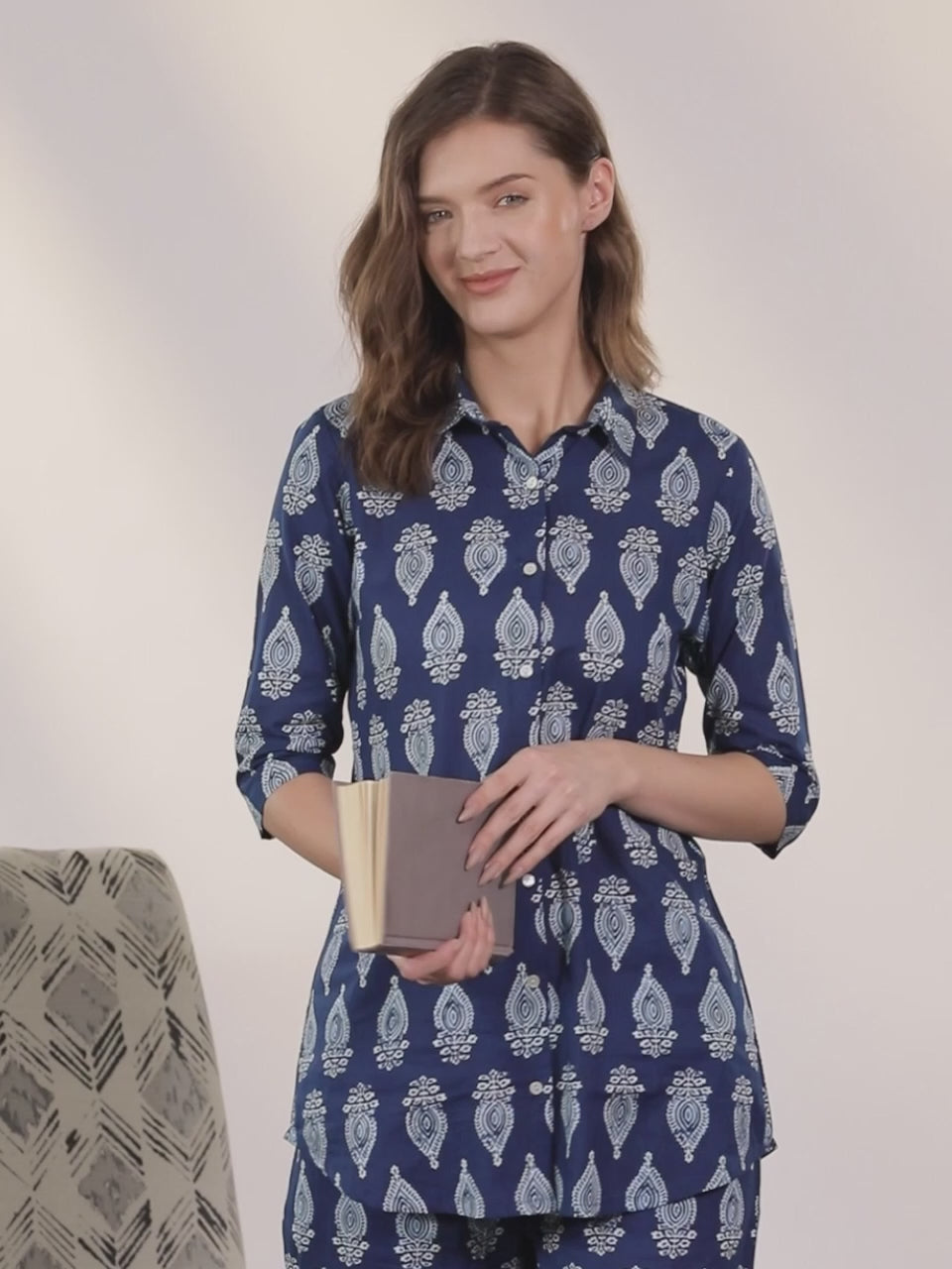  Blue Printed Cotton Night Suit 