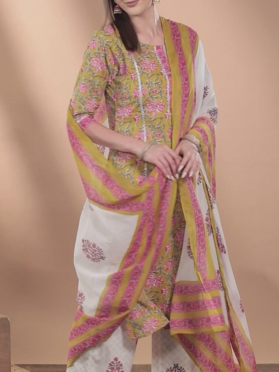  Green Printed Cotton Straight Kurta With Palazzos & Dupatta 