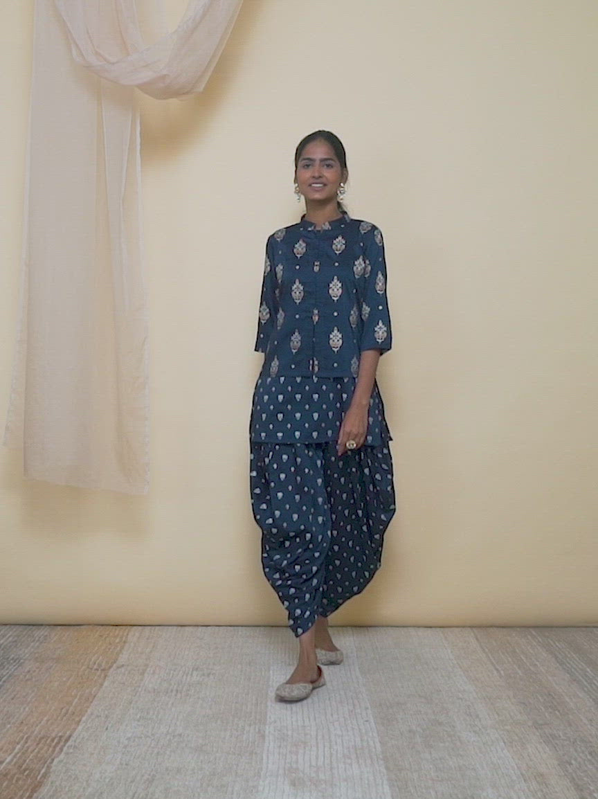  Blue Printed Silk Straight Kurta With Dhoti Pant & Dupatta 