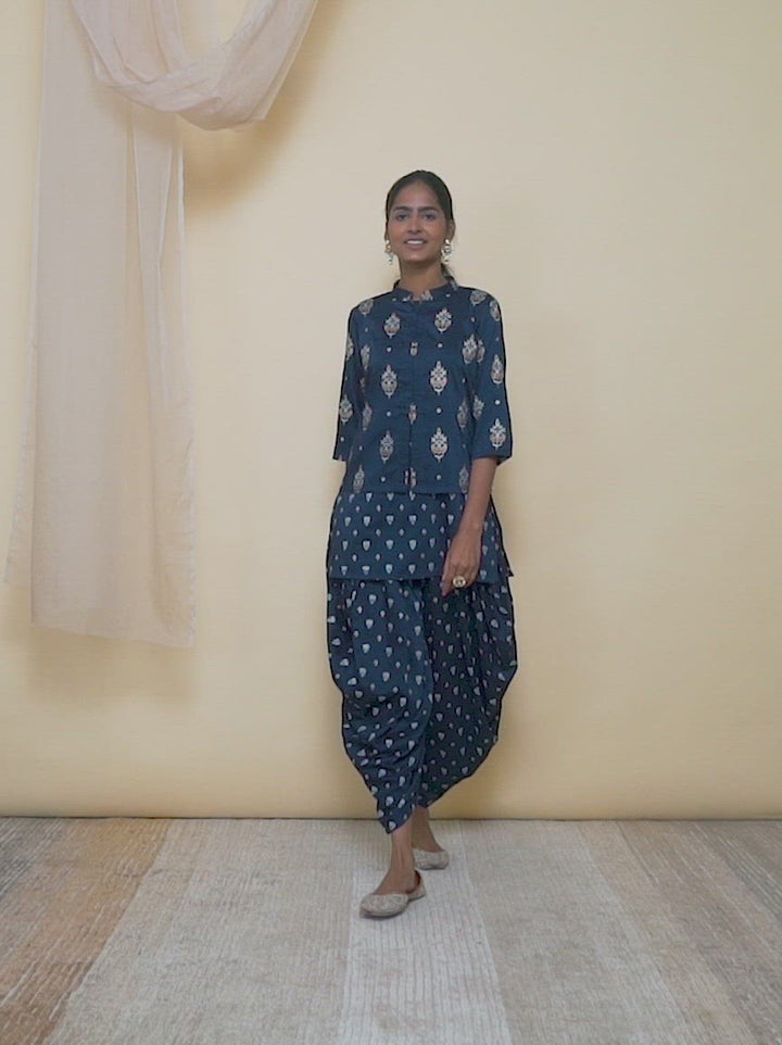 Blue Printed Silk Straight Kurta With Dhoti Pant & Dupatta