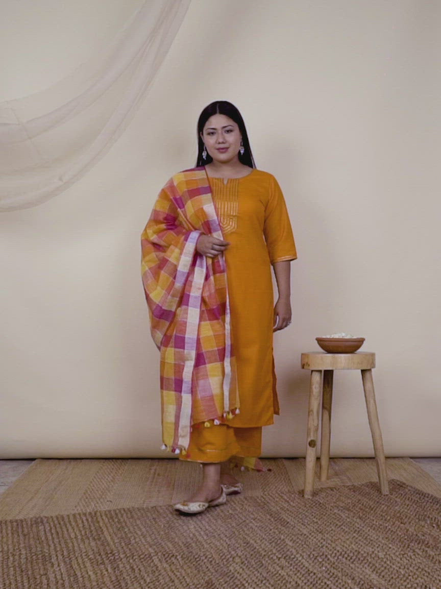  Plus Size Orange Solid Cotton Straight Kurta With Palazzos & Dupatta 