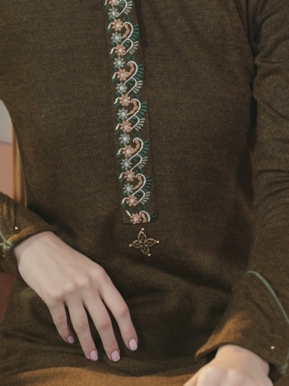  Brown Embroidered Wool Straight Kurta 