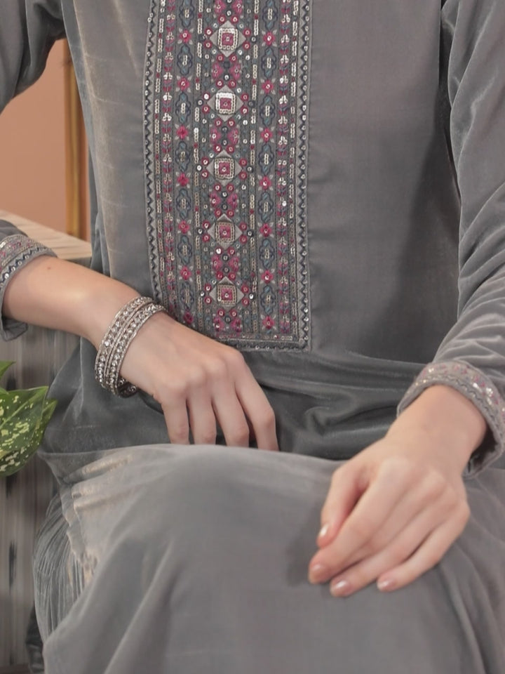 Grey Yoke Design Velvet Straight Kurta With Trousers & Dupatta