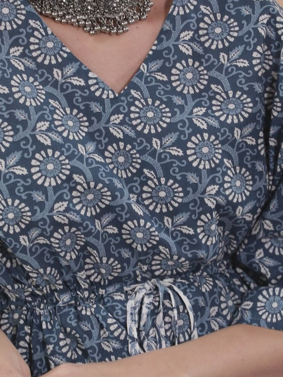  Blue Printed Cotton Kaftan Kurta With Trousers 