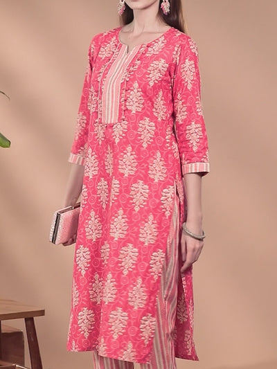 Pink Printed Cotton Straight Kurta