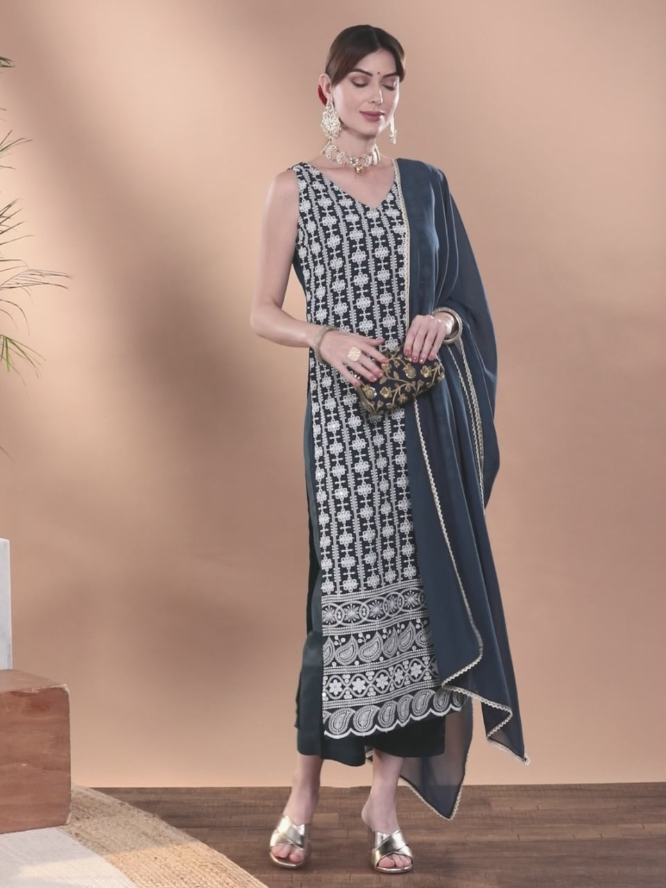  Blue Embroidered Georgette Straight Kurta With Dupatta 