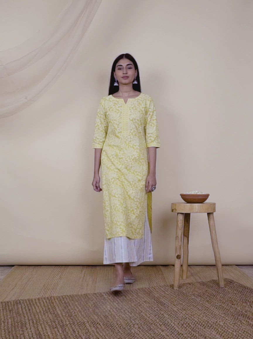 Yellow Printed Cotton Kurta