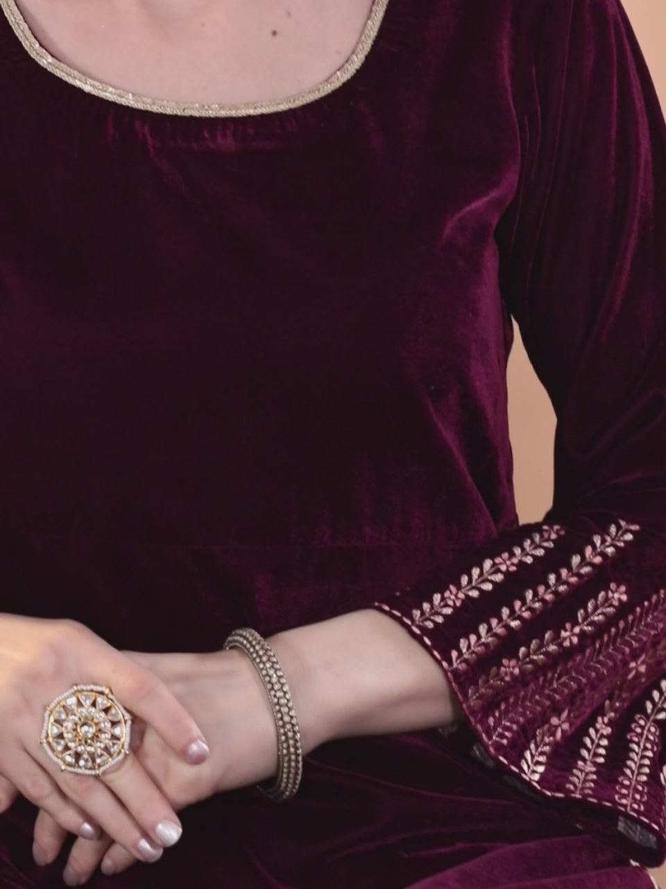  Purple Solid Velvet Straight Kurta With Dupatta 