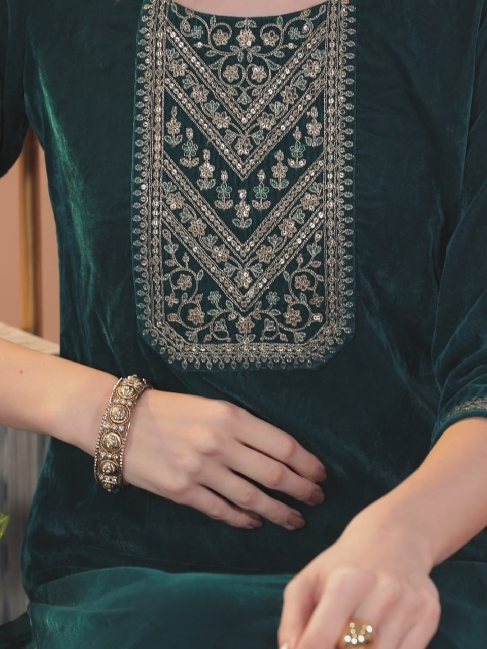  Green Embroidered Velvet Straight Kurta With Dupatta 