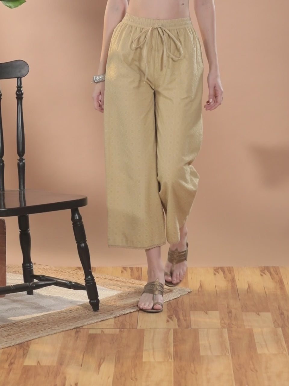  Beige Self Design Cotton Palazzos 