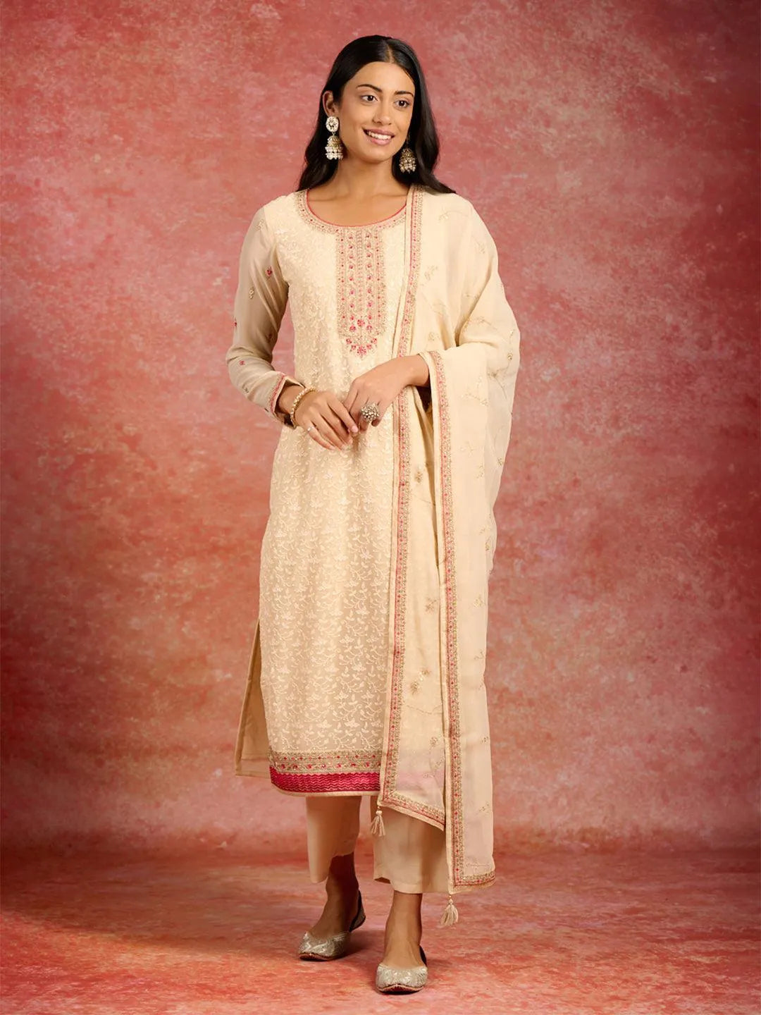 Beige Embroidered Georgette Straight Kurta With Trousers & Dupatta - Libas