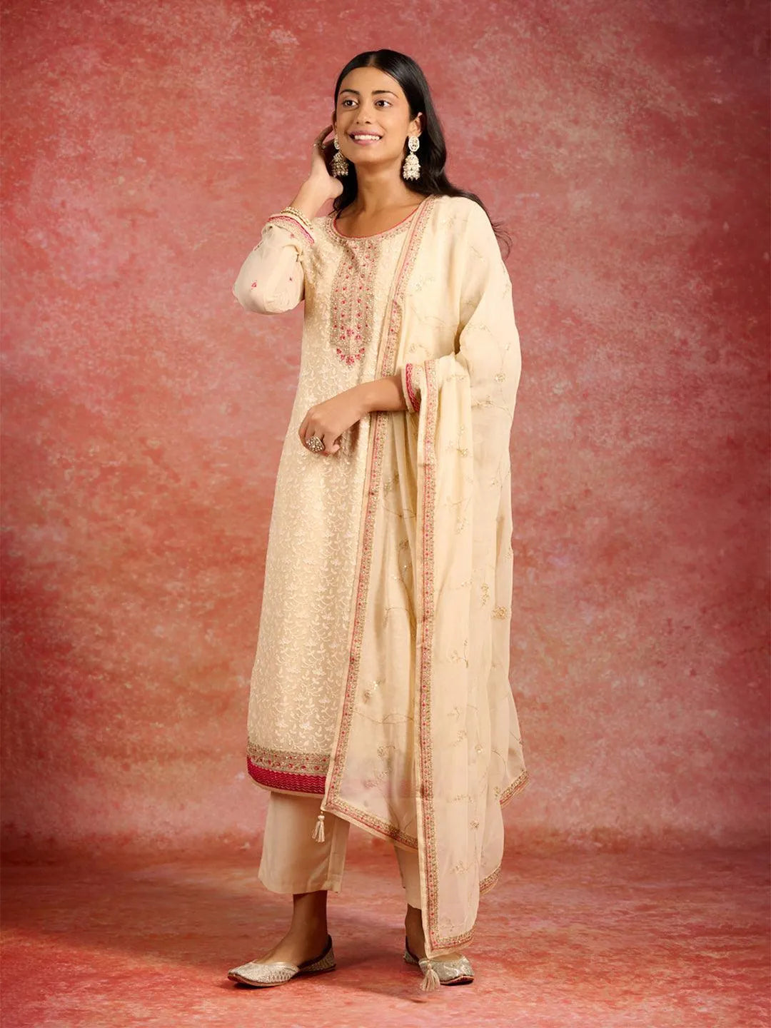 Beige Embroidered Georgette Straight Kurta With Trousers & Dupatta - Libas 