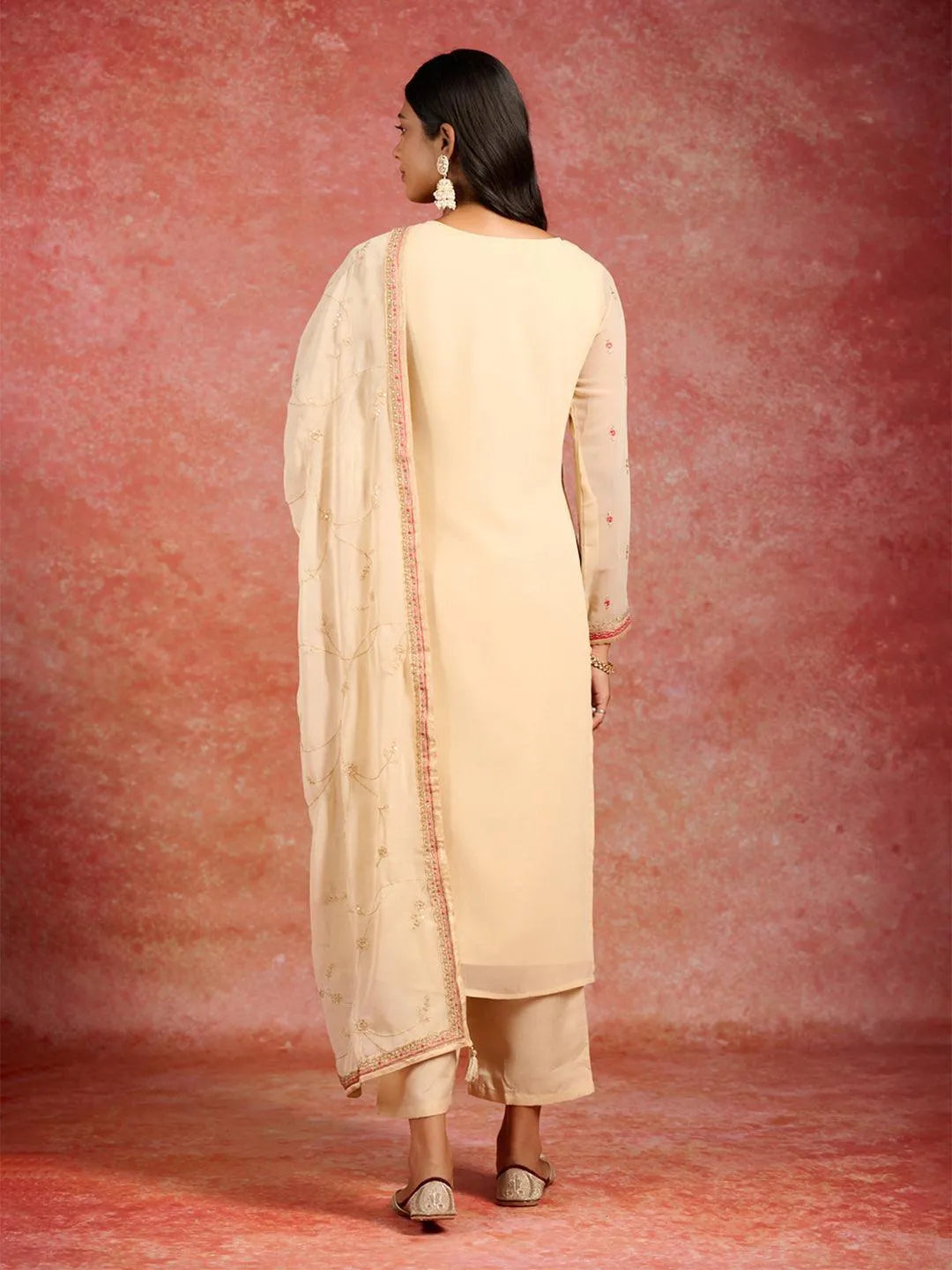 Beige Embroidered Georgette Straight Kurta With Trousers & Dupatta - Libas 