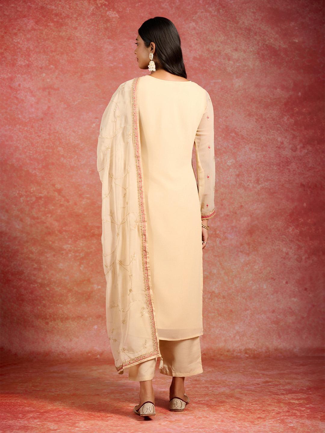 Beige Embroidered Georgette Straight Kurta With Trousers & Dupatta - Libas
