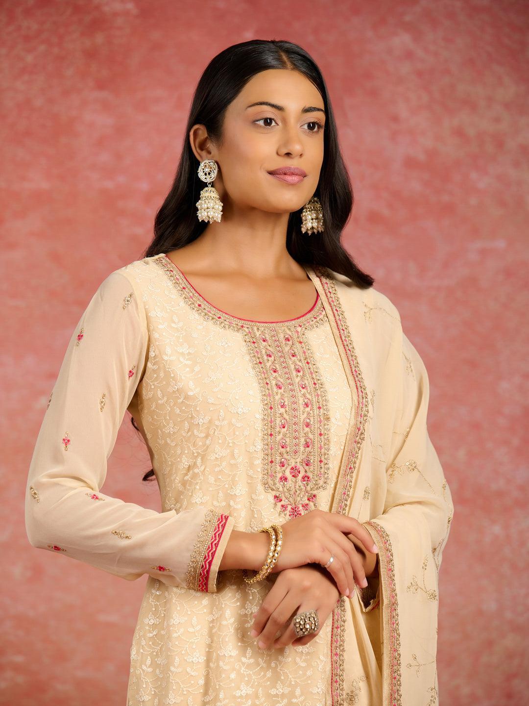 Beige Embroidered Georgette Straight Kurta With Trousers & Dupatta - Libas