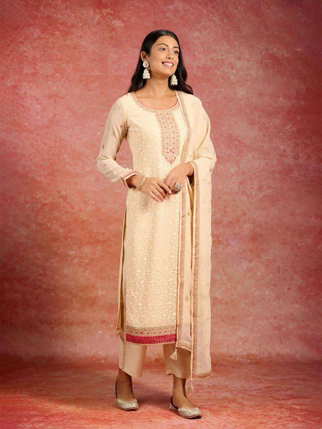 Beige Embroidered Georgette Straight Kurta With Trousers & Dupatta - Libas