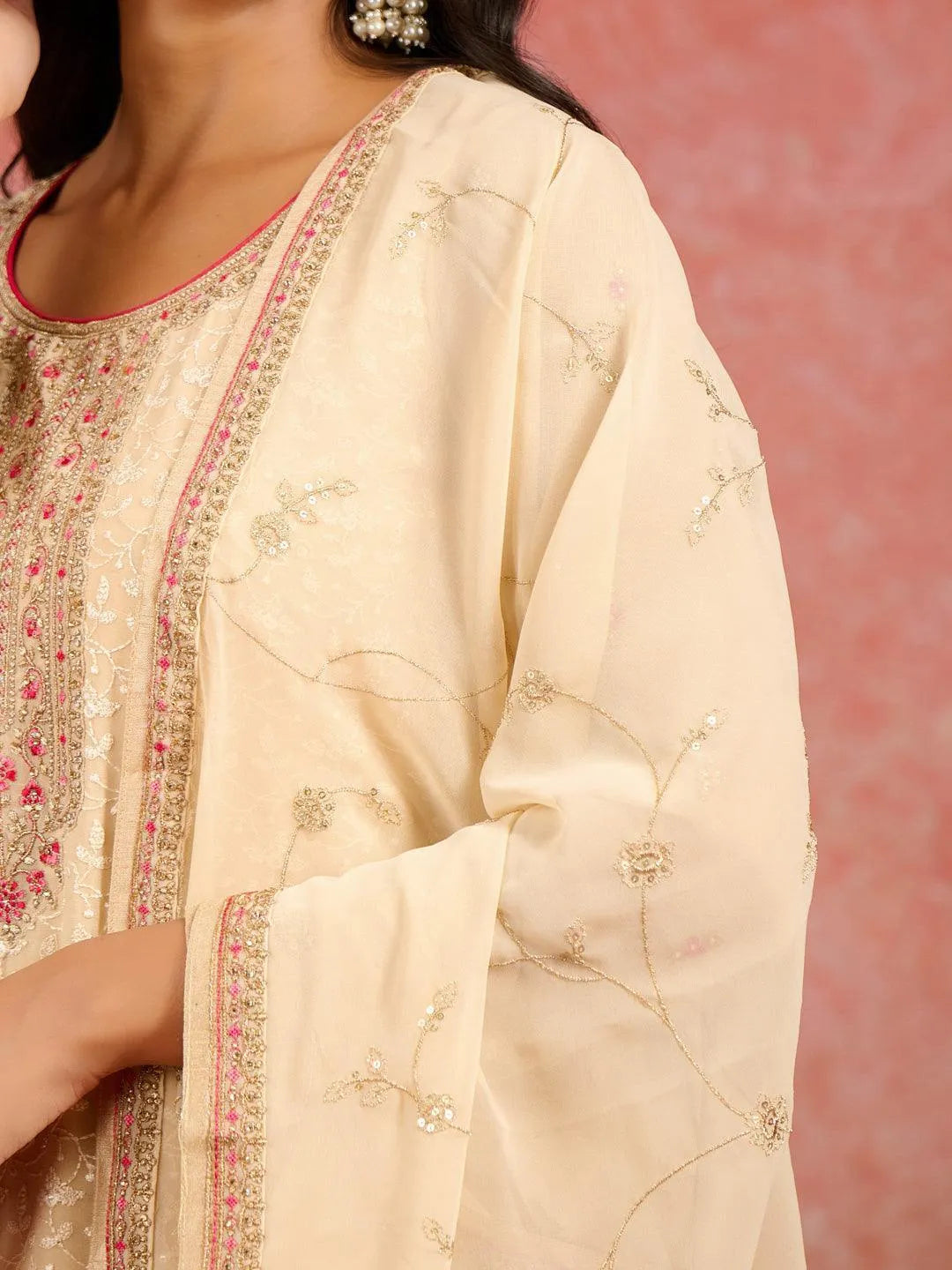 Beige Embroidered Georgette Straight Kurta With Trousers & Dupatta - Libas 