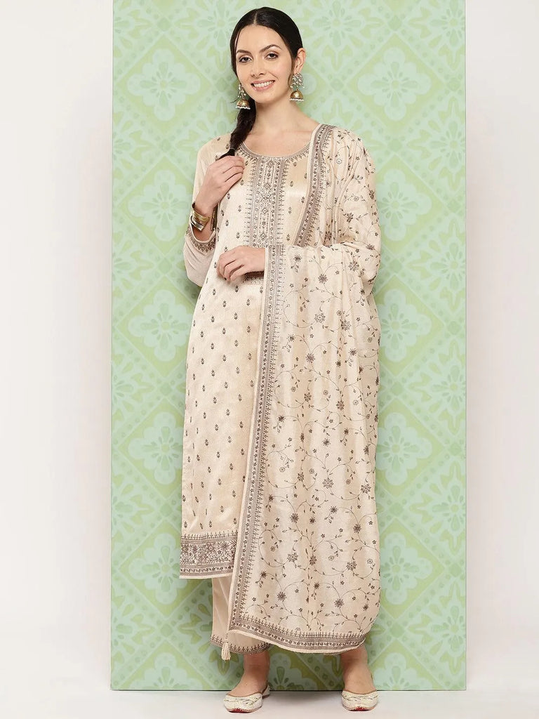 Libas Beige Embroidered Silk Blend Straight Suit With Dupatta