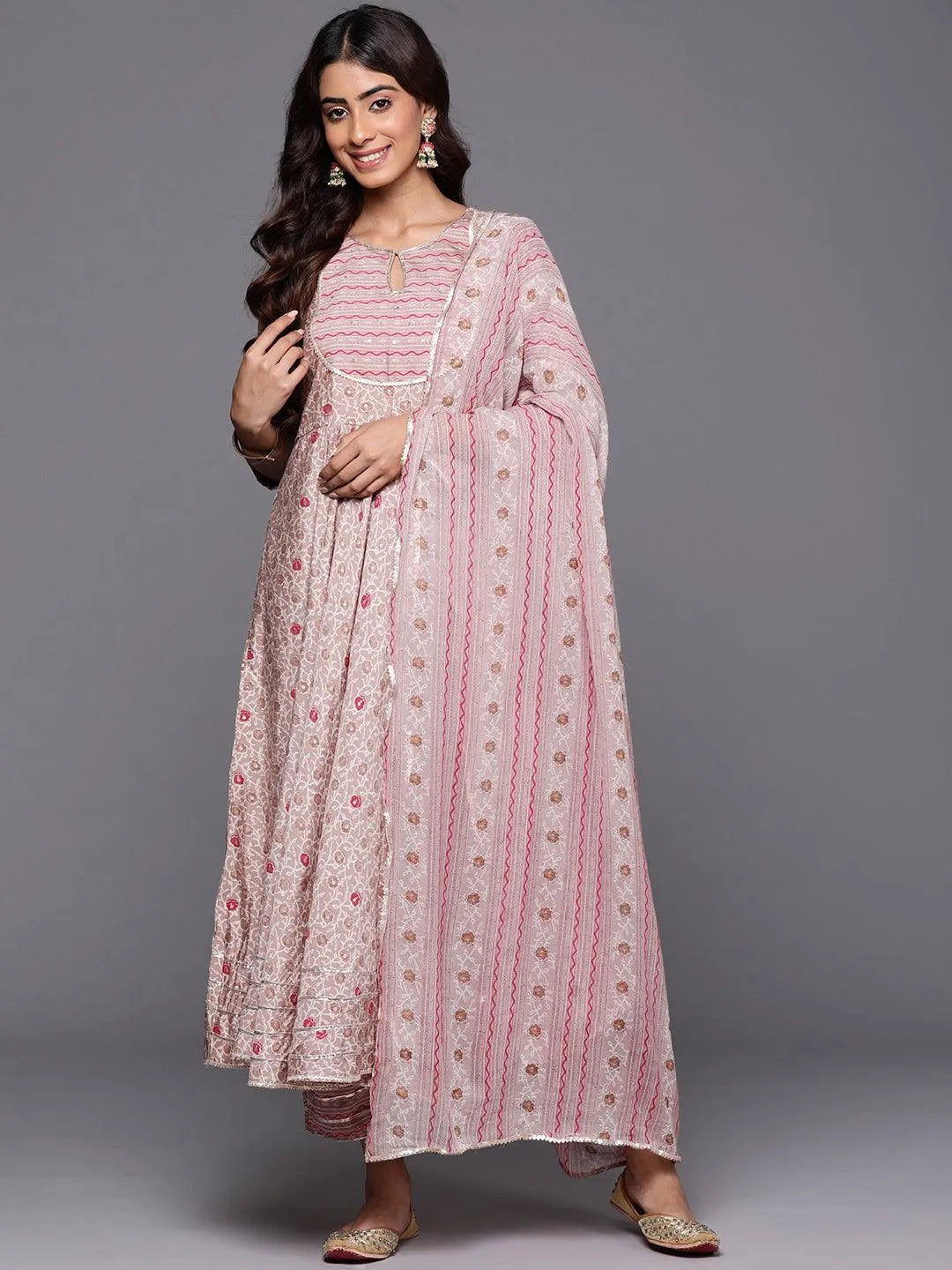 Beige Printed Silk Blend Anarkali Kurta With Trousers & Dupatta - Libas 