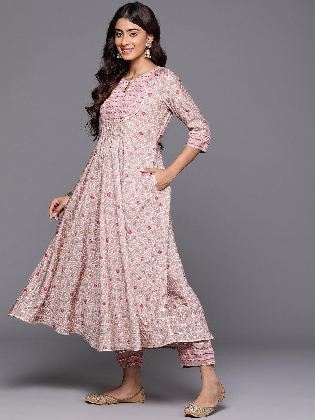 Beige Printed Silk Blend Anarkali Suit With Dupatta