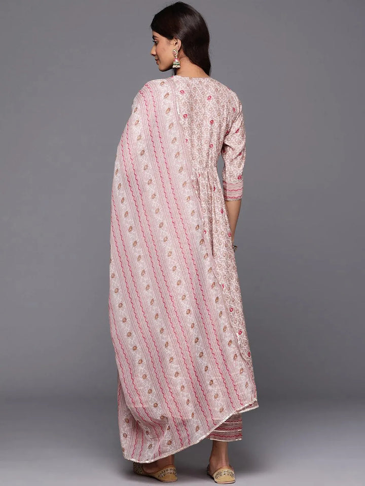 Beige Printed Silk Blend Anarkali Kurta With Trousers & Dupatta - Libas