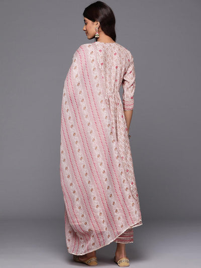 Beige Printed Silk Blend Anarkali Kurta With Trousers & Dupatta - Libas