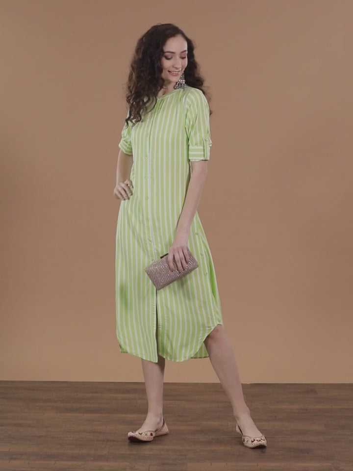 Green Striped Rayon Dress