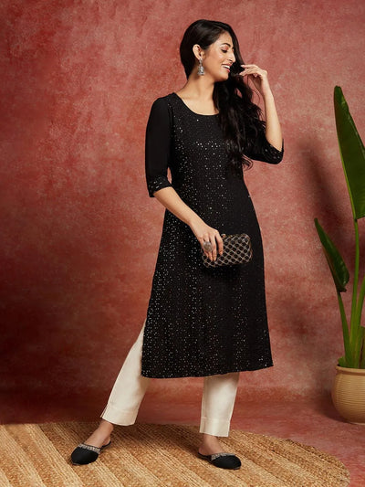 Black Embellished Rayon Straight Kurta - Libas