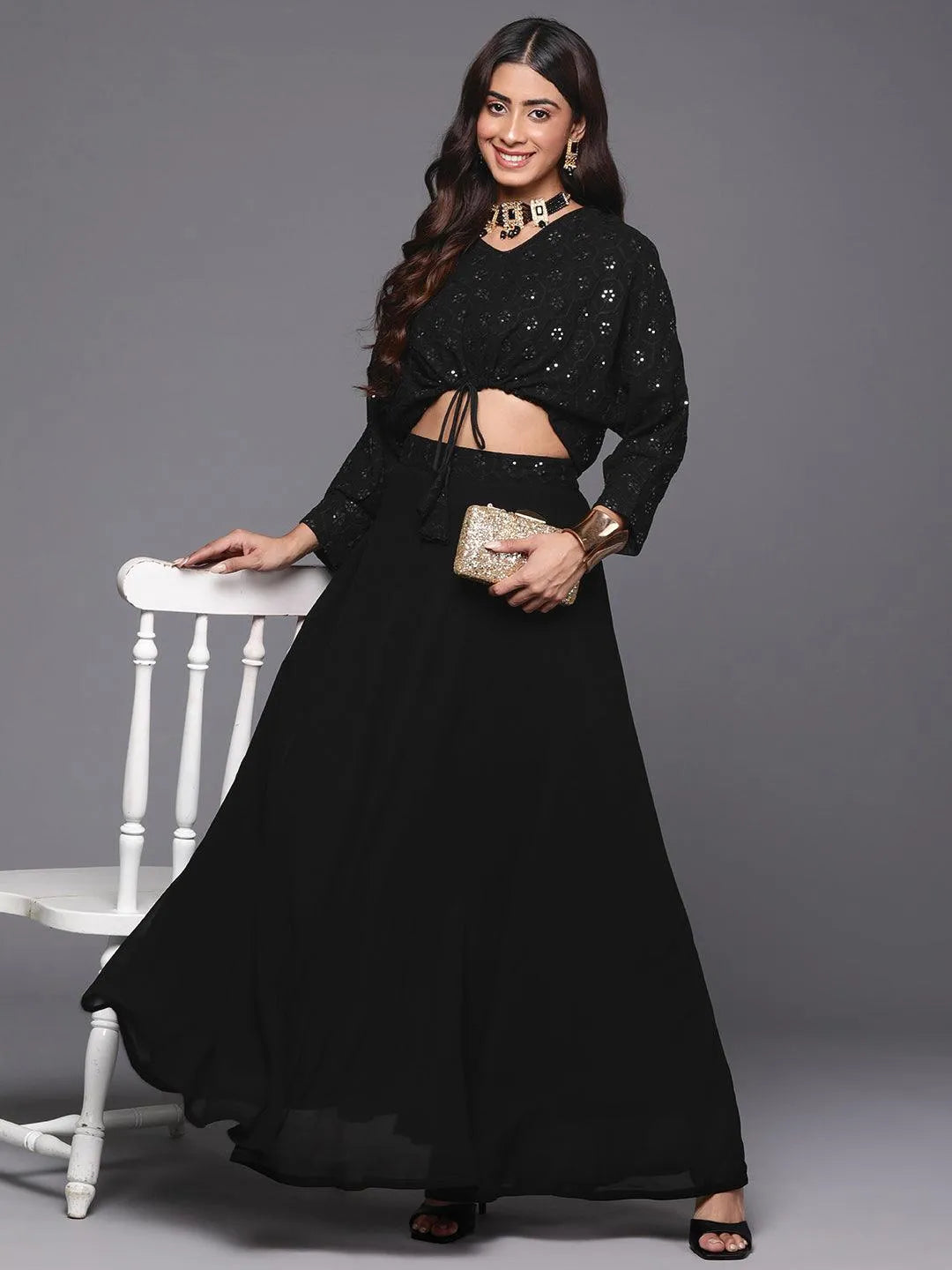 Black Embroidered Georgette Lehenga - Libas