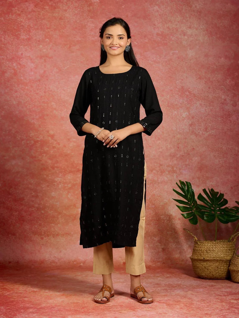 Libas Black Embroidered Rayon Straight Kurta