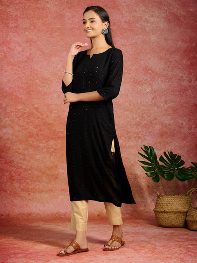 Slub cotton readymade kurti set black with allover prints & sequin wor –  Maatshi