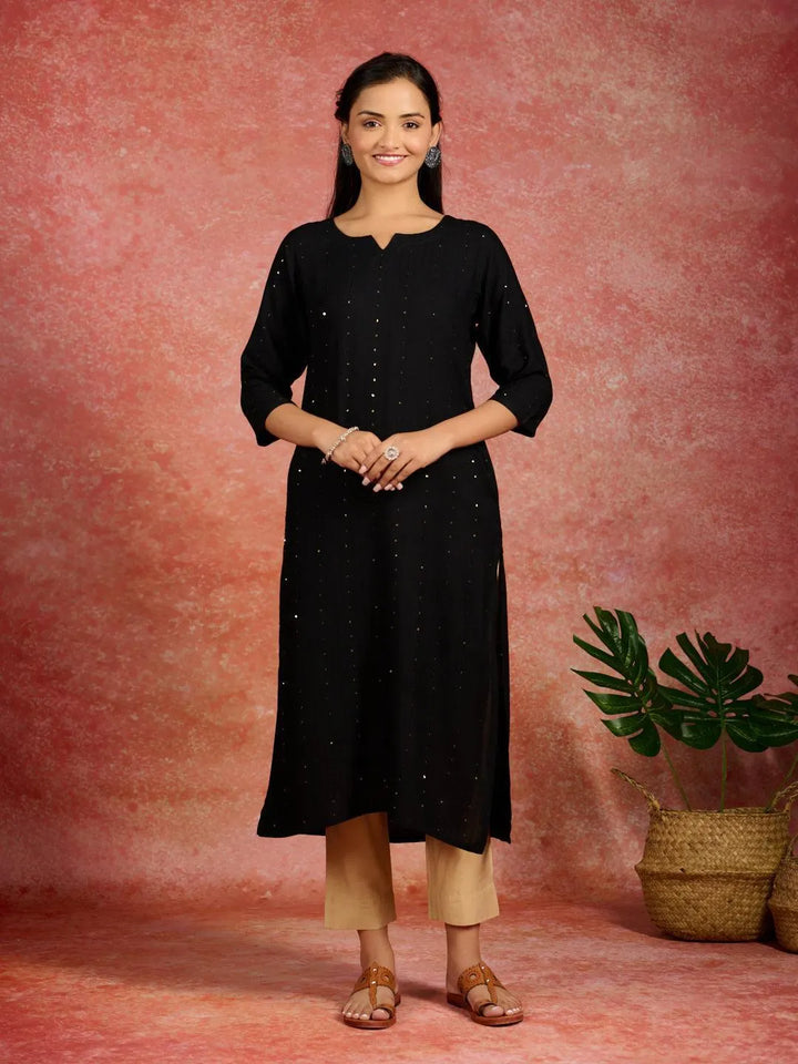 Black Embroidered Rayon Straight Kurta - Libas