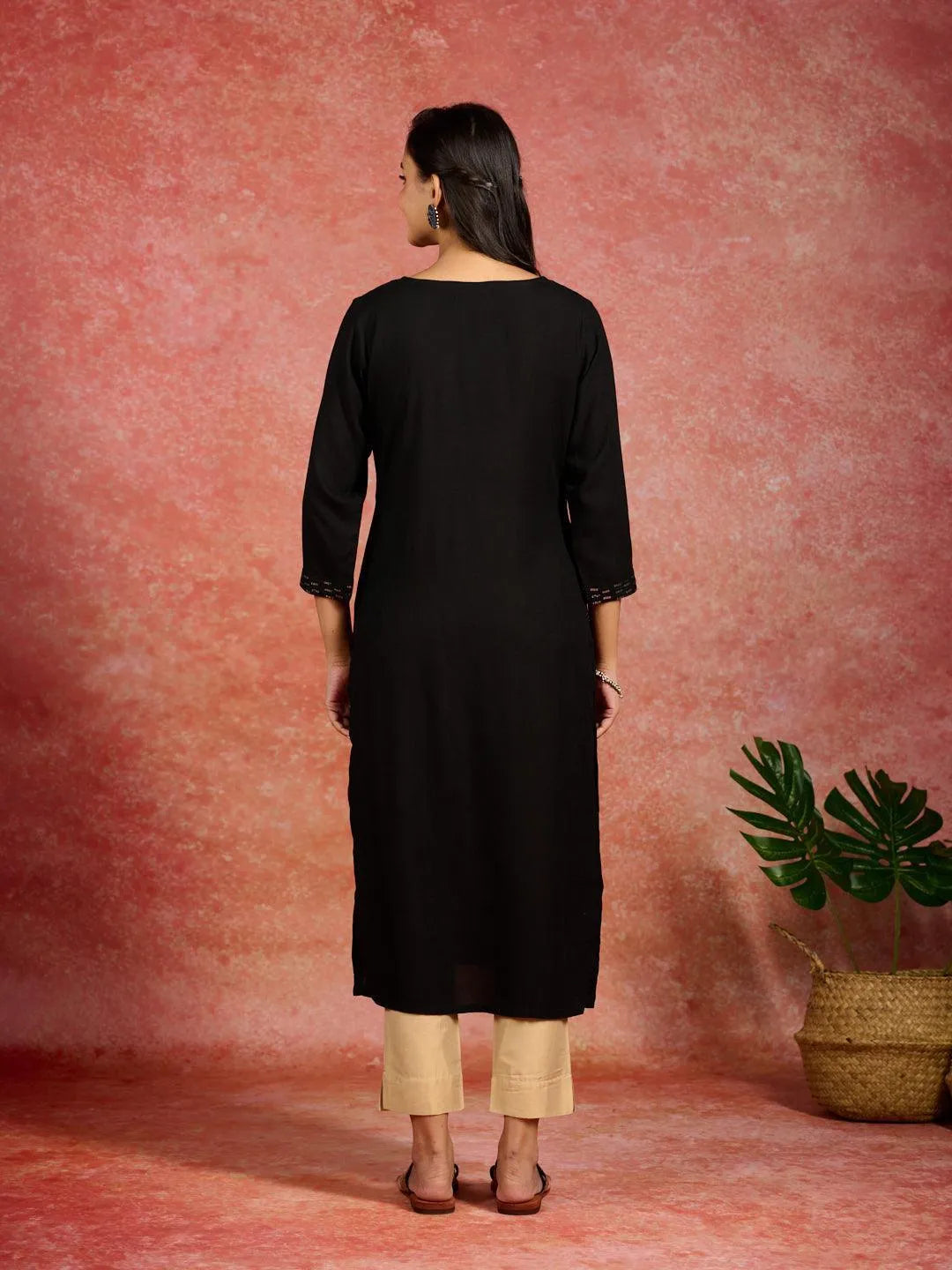 Black Embroidered Rayon Straight Kurta - Libas 