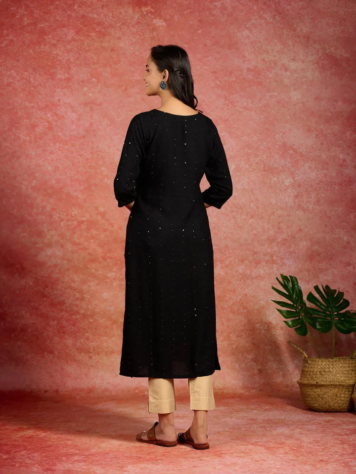 Black Embroidered Rayon Straight Kurta - Libas