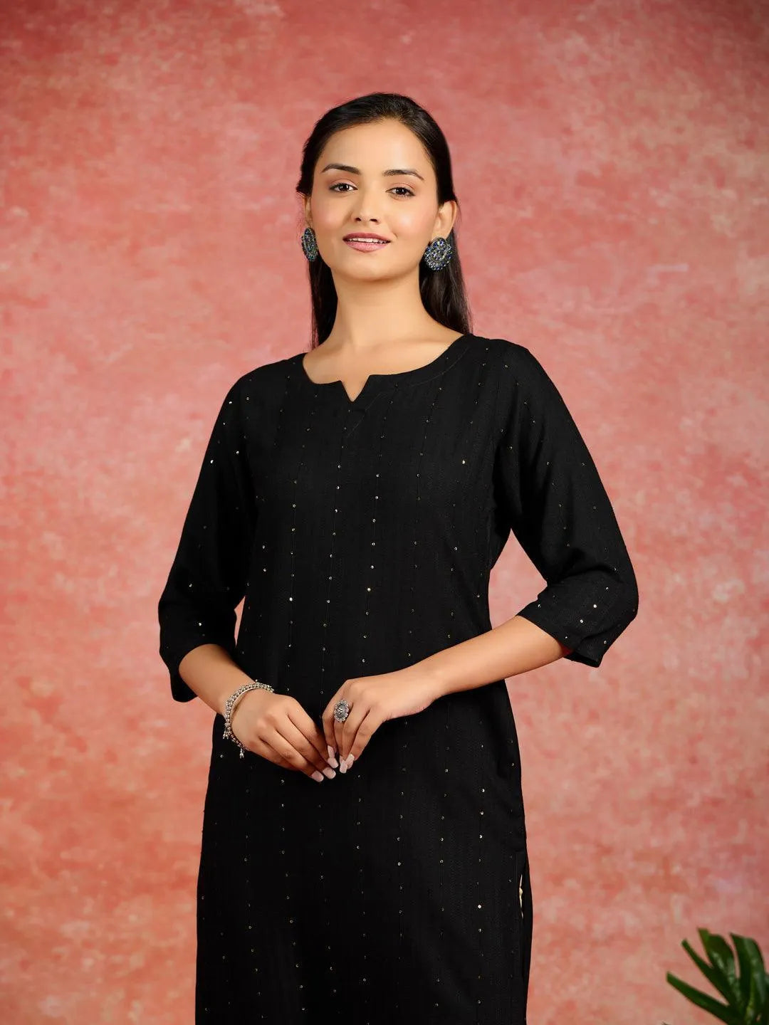 Black Embroidered Rayon Straight Kurta - Libas 