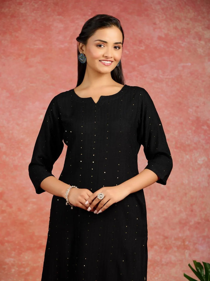 Black Embroidered Rayon Straight Kurta - Libas