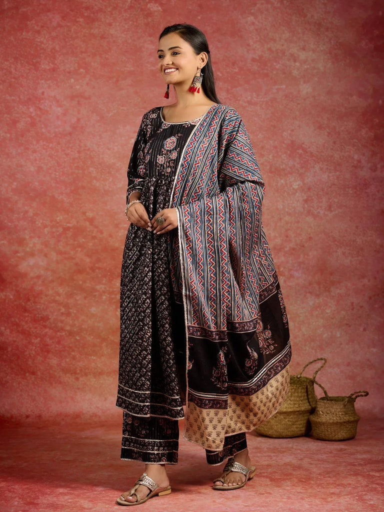 Libas Black Self Design Cotton Anarkali Suit With Dupatta