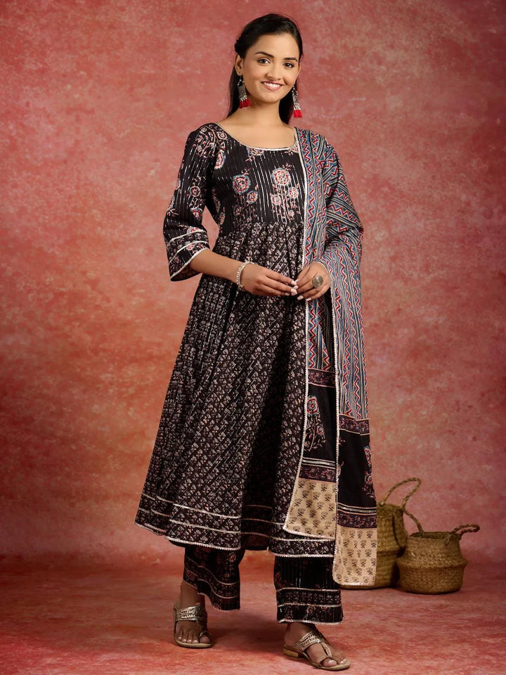 Black Self Design Cotton Anarkali Kurta With Palazzos & Dupatta - Libas