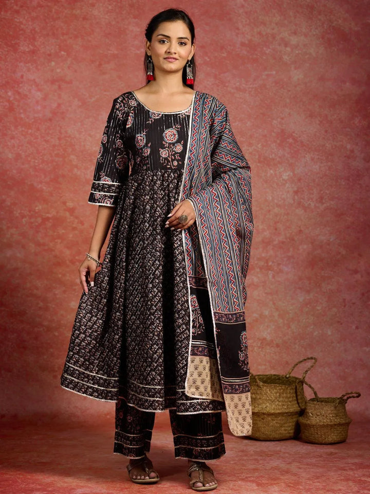 Black Self Design Cotton Anarkali Kurta With Palazzos & Dupatta - Libas