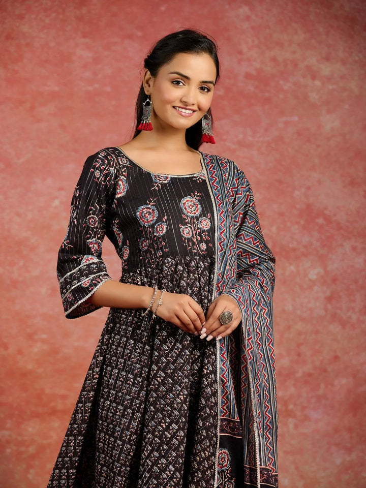 Black Self Design Cotton Anarkali Kurta With Palazzos & Dupatta - Libas