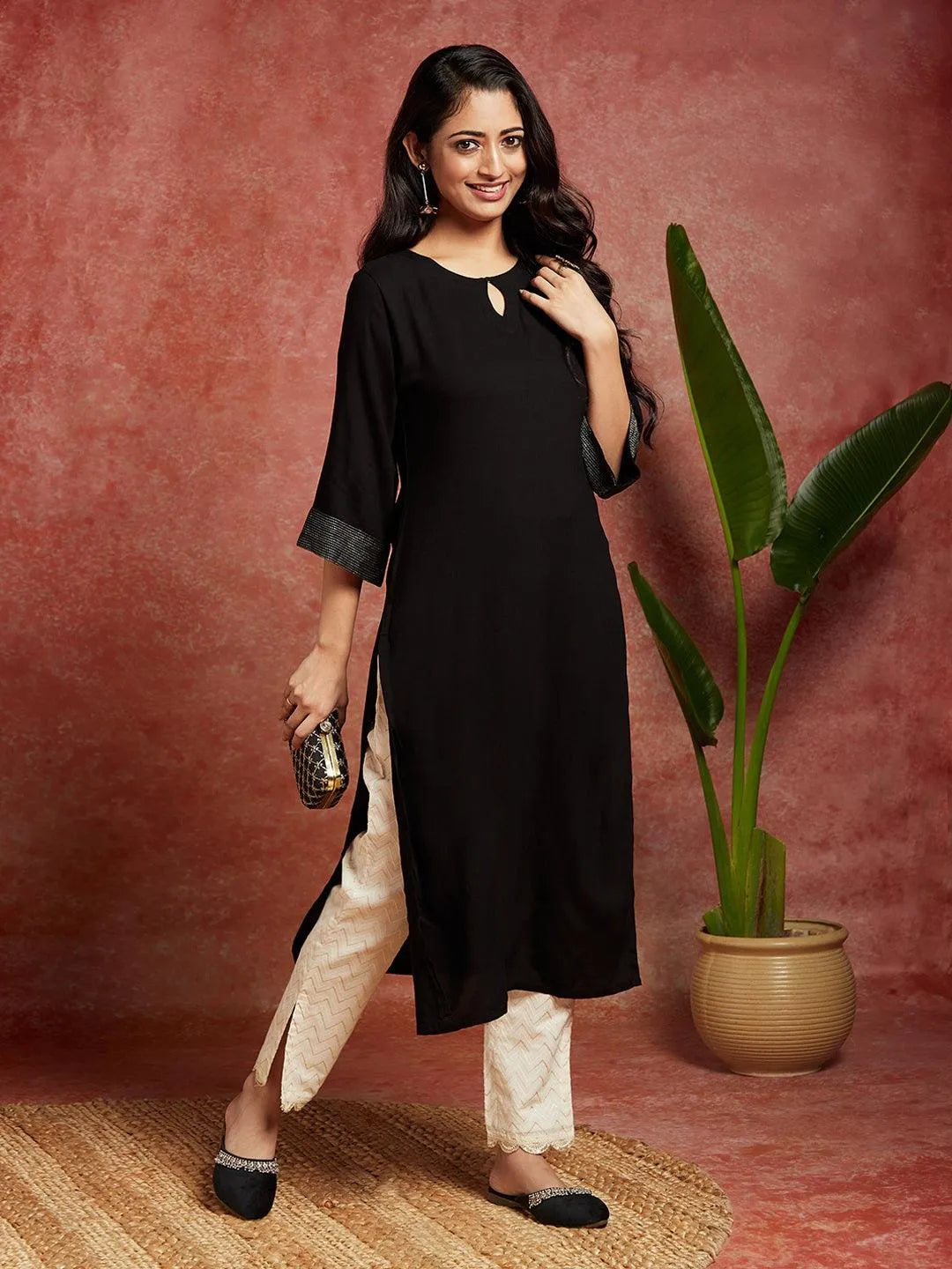 Black Solid Rayon Straight Kurta - Libas 