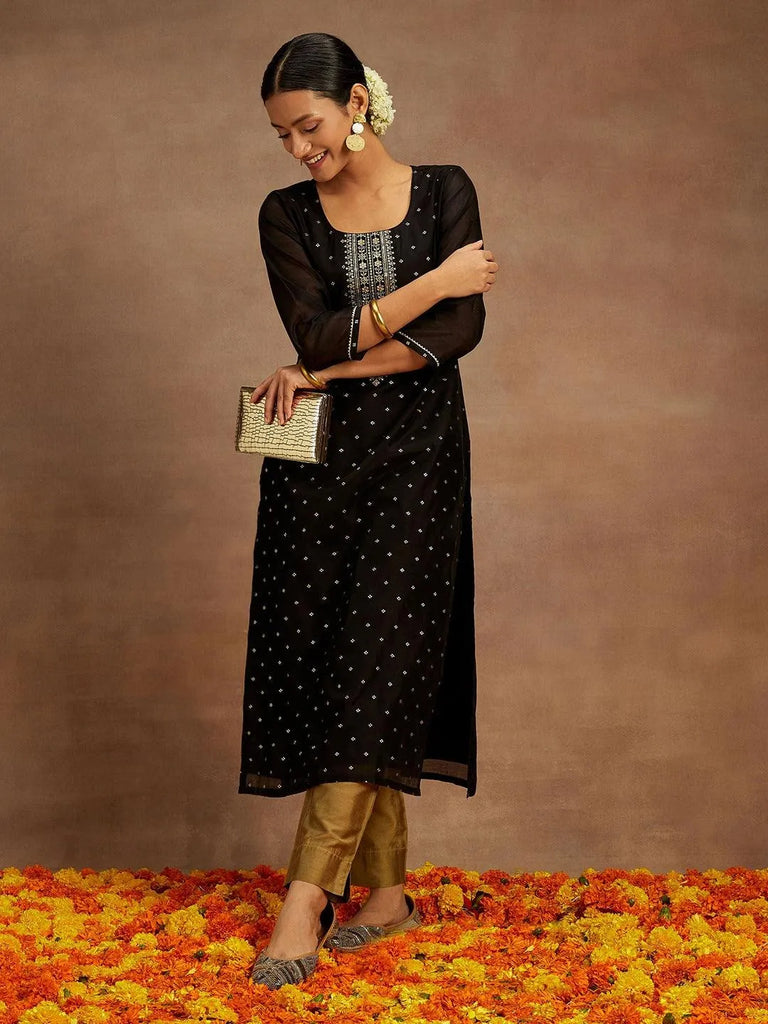 Libas Black Woven Design Chanderi Silk Straight Kurta