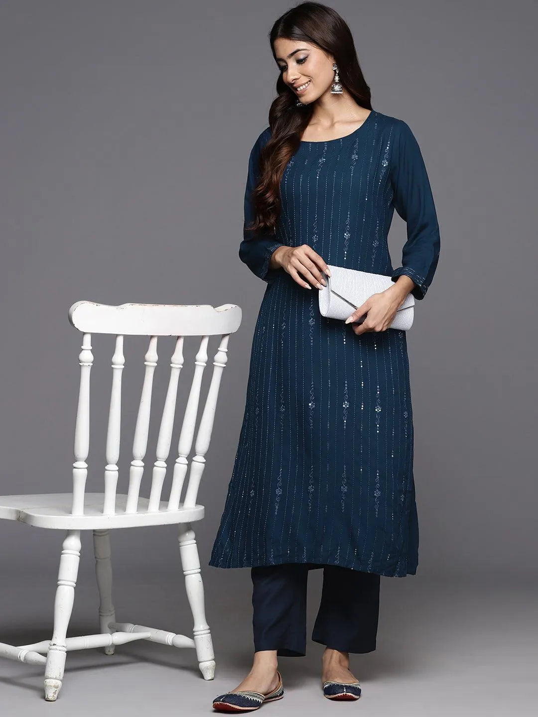 Blue Embellished Rayon Straight Kurta - Libas