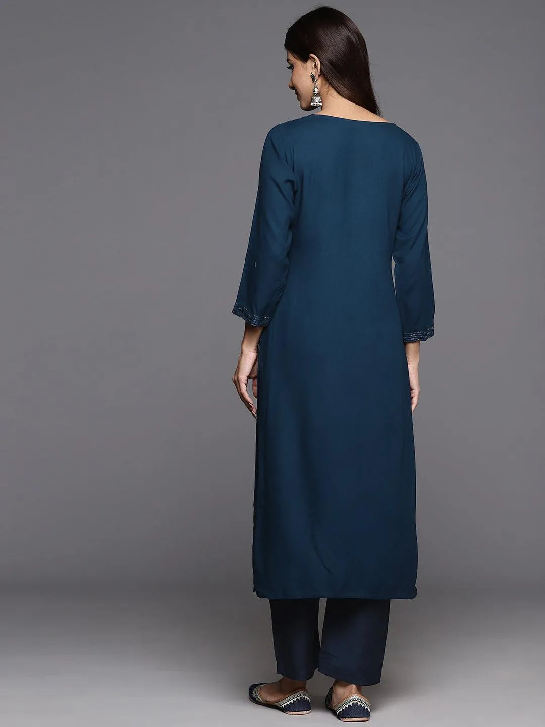 Blue Embellished Rayon Straight Kurta - Libas 