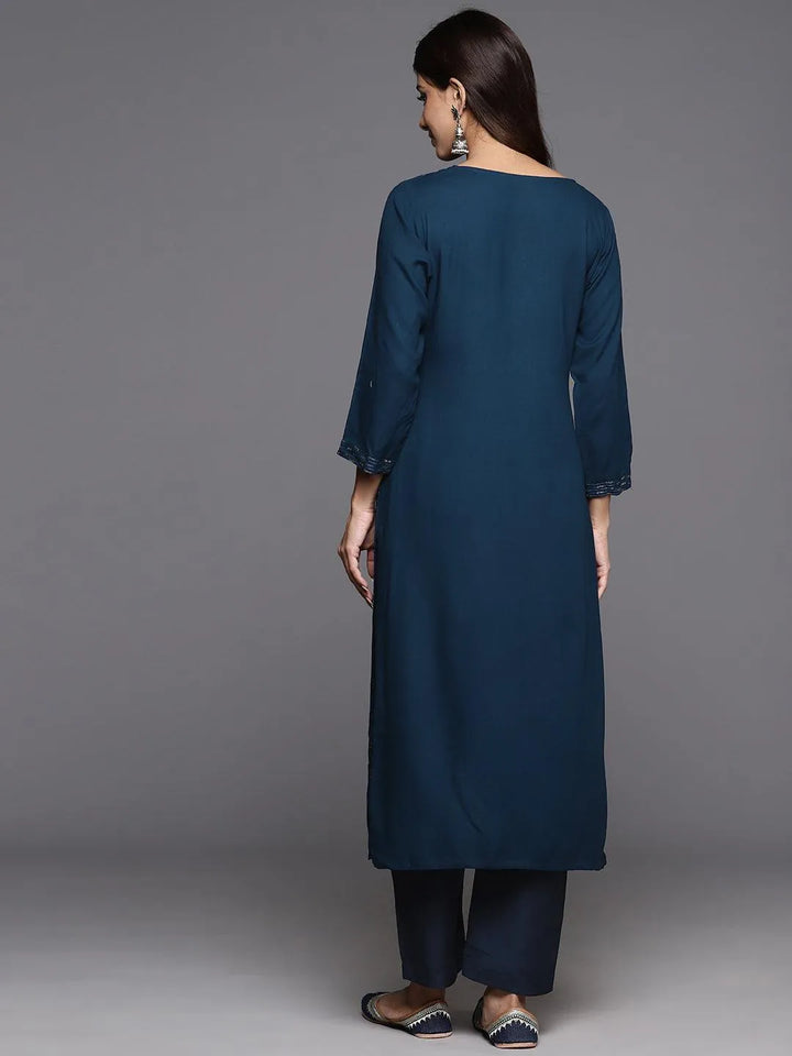 Blue Embellished Rayon Straight Kurta - Libas
