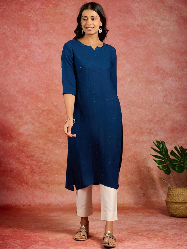 Blue Embroidered Rayon Straight Kurta - Libas