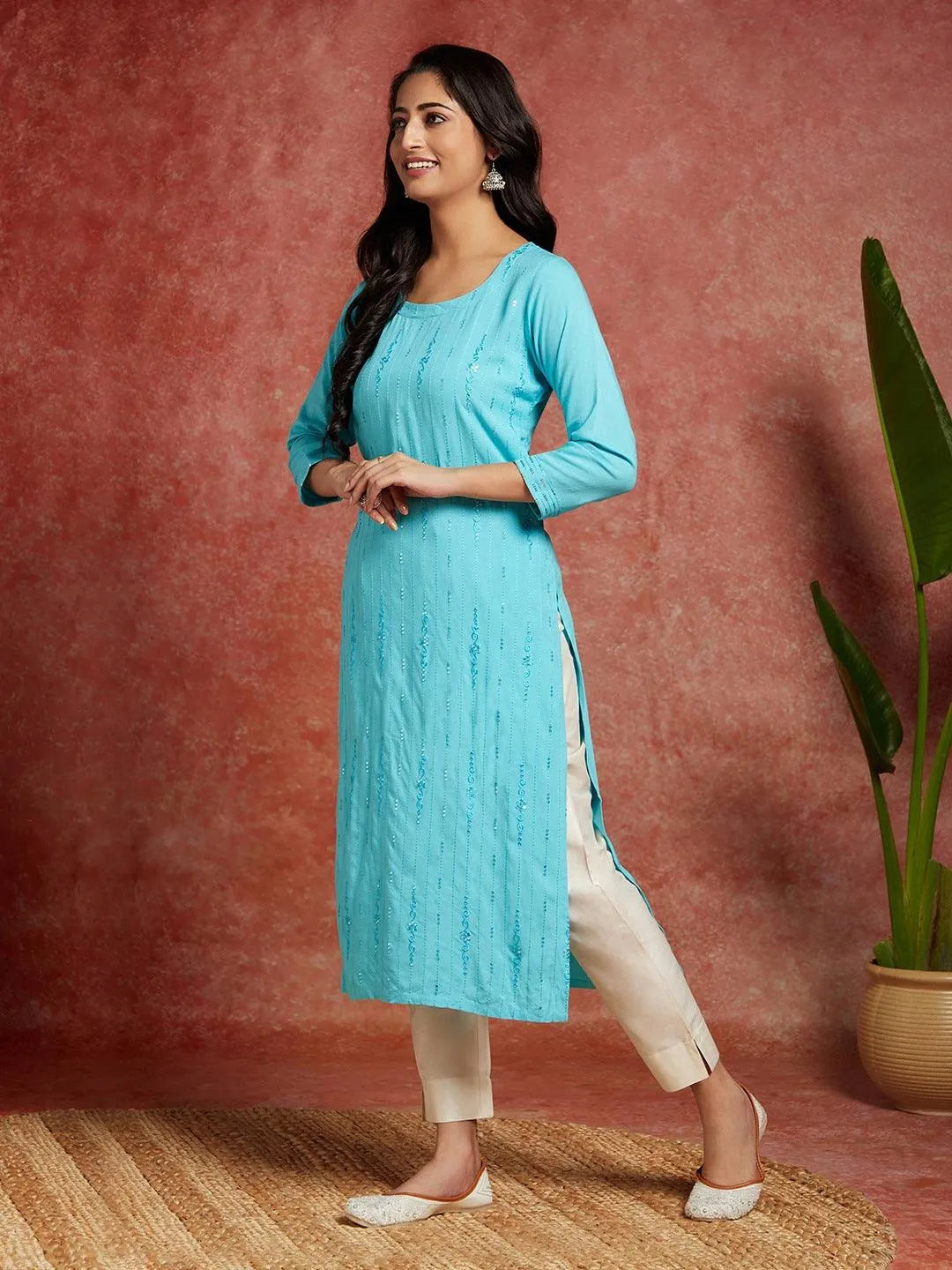 Blue Embroidered Rayon Straight Kurta - Libas 