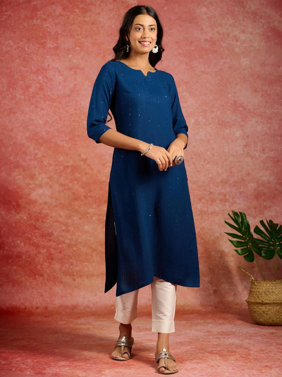Blue Embroidered Rayon Straight Kurta - Libas 